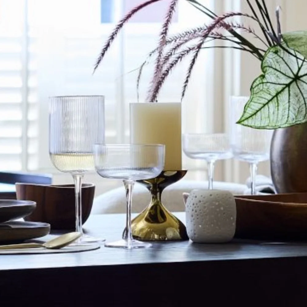 West Elm Elegant Ribbed Glass Coupe Set. Set of 4.